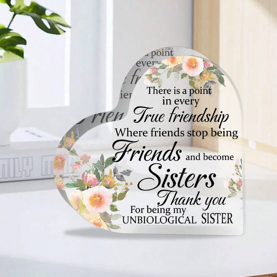 1 pieza Decoración de sobremesa con forma de corazón, Decoración de sobremesa de acrílico transparente 2D, Diseño romántico en inglés "True Friendship", Decoración de sobremesa, Regalo de cumpleaños para buenos amigos, Regalo de Año Nuevo