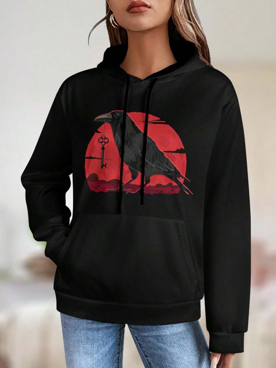 Treasure Hunter A Mysterious Gothic Illustration Featuring A Raven Under A Red Moon - Dark Art With Eerie Stylized Elements For Women's Hoodies