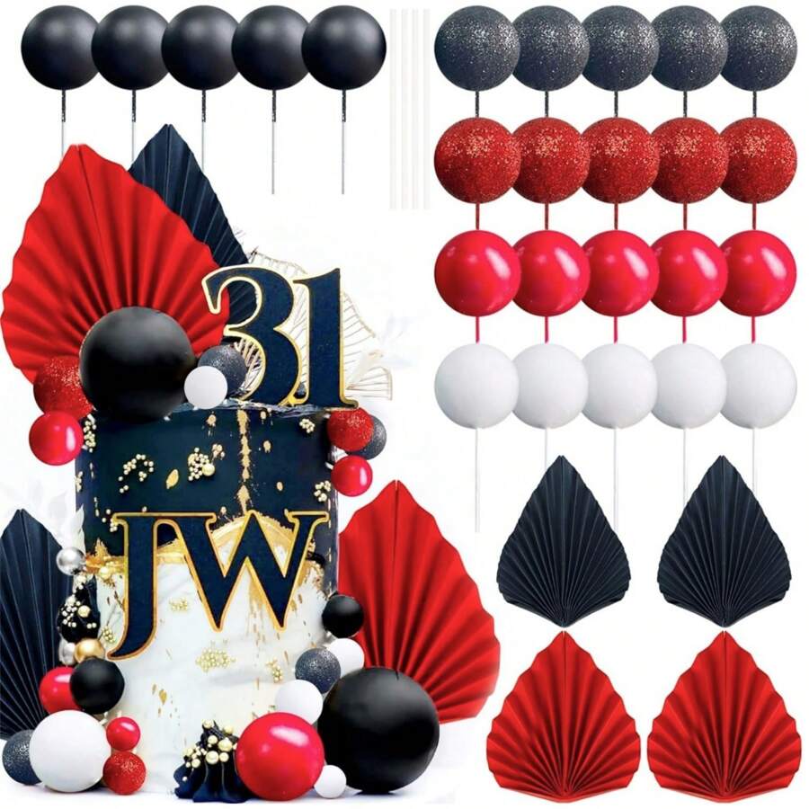 29PCS Black Red Balls Cake Decoration Red Cake Decoration Black Cake Topper For Retro Hipster Birthday Party, Favor Retirement, Anniversary, Wedding Table Decoration