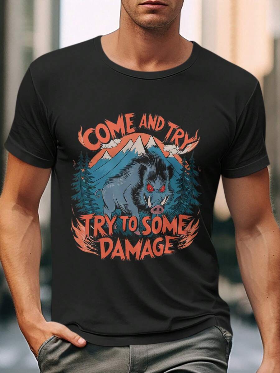 Wild Boar Graphic Tee Men And Youth 220g Cotton T-Shirt Casual Printed Comfortable Breathable Short Sleeve Jersey