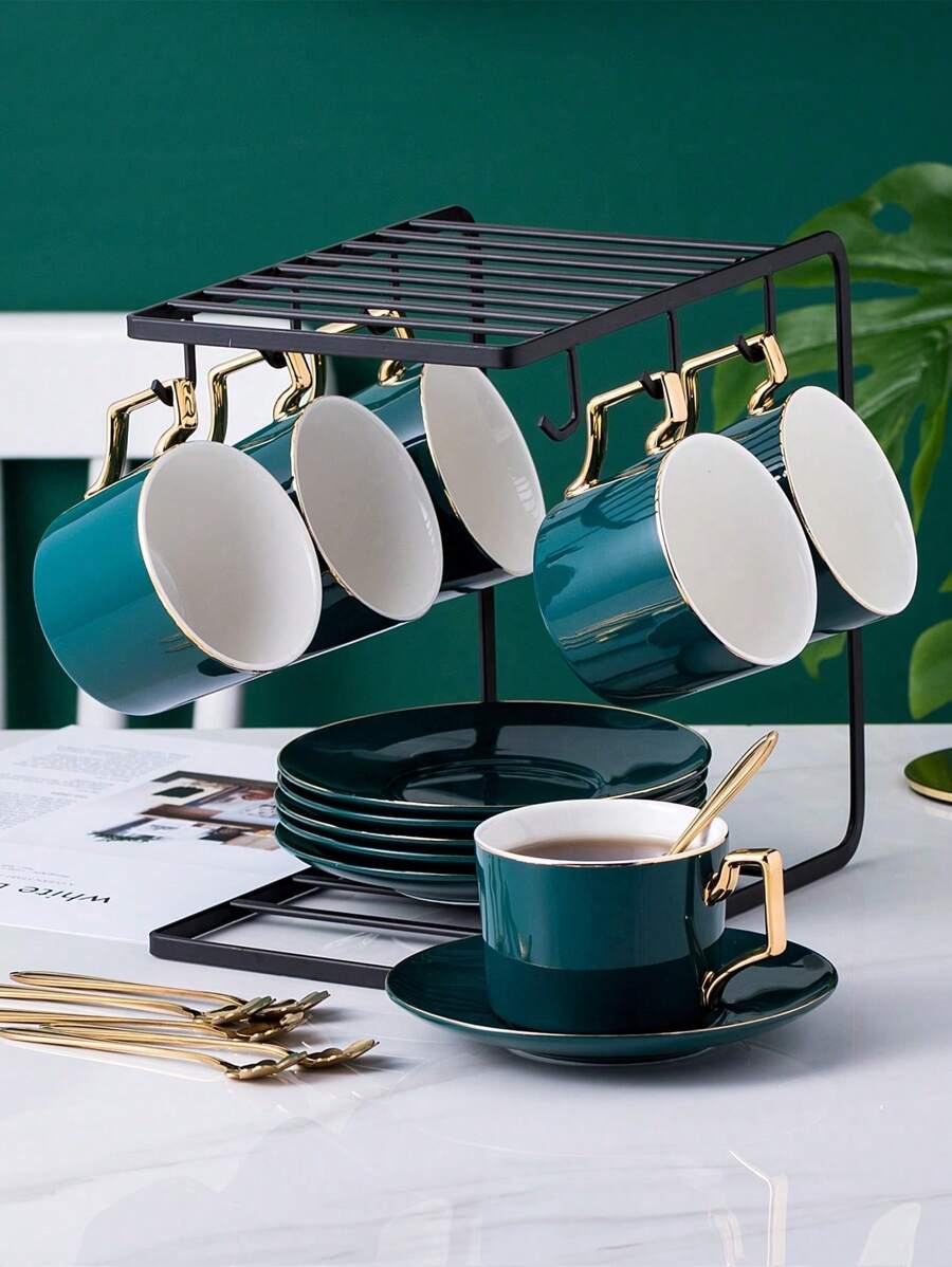 1 Juego de 6 tazas + 6 platillos + 6 cucharas (con soporte negro), 1 Juego de 1 taza + 1 platillo + 1 cuchara, taza de café de cerámica, platillo, plato elegante de café y postre, juego tradicional de té de la tarde, taza creativa y simple de té de la tarde, juego de tazas de café, serie graciosa de unicolor, taza de espresso con asa, taza, taza de leche, esencial ahorra espacio, imprescindible para amantes del café, adecuado para el hogar, la oficina, la escuela, reuniones, regalo - Apto para lavavajillas