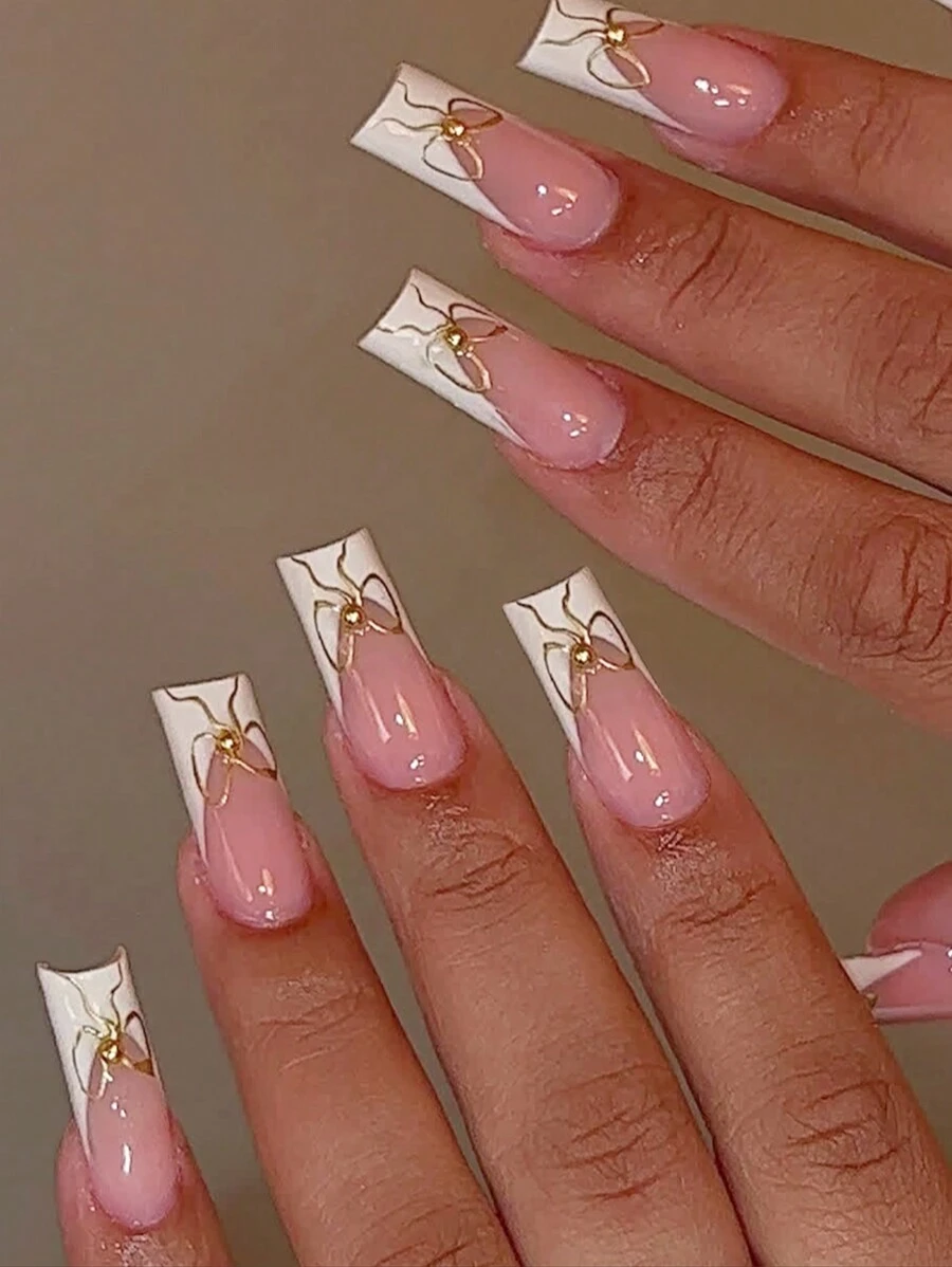 24pcs Pink Long Square Press On Nails White French Tip Nails With Golden Beads Bowknot Decor Wedding Dresses Bride Fake Nails Art Charms Glossy Full Cover Cute Style For Women Grils Valentines Nails