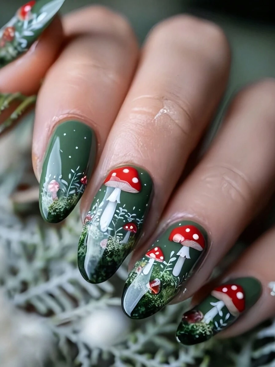 Elevate Your Style With 24pcs Medium Square Shape Press On Nails Kit Novelty Creative Fashion Dark Green Forest Red Polka Dot Mushroom Fake Nails Funky Designs Saint Patrick's Holiday Forest Meadow Removable Nail Art Set Full Cover Fake Nail Set For Women And Girls Includes 1sheet Adhesive Tabs & 1pc Mini Fils Strip Jelly Gel Random Shipment