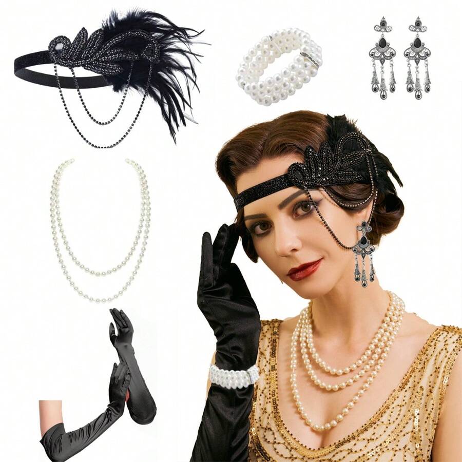 1 set de 5 pièces d'accessoires de costume pour fête du festival de Ramadan des années 1920 pour femmes : serre-tête des années 20, collier de perles classique, gants