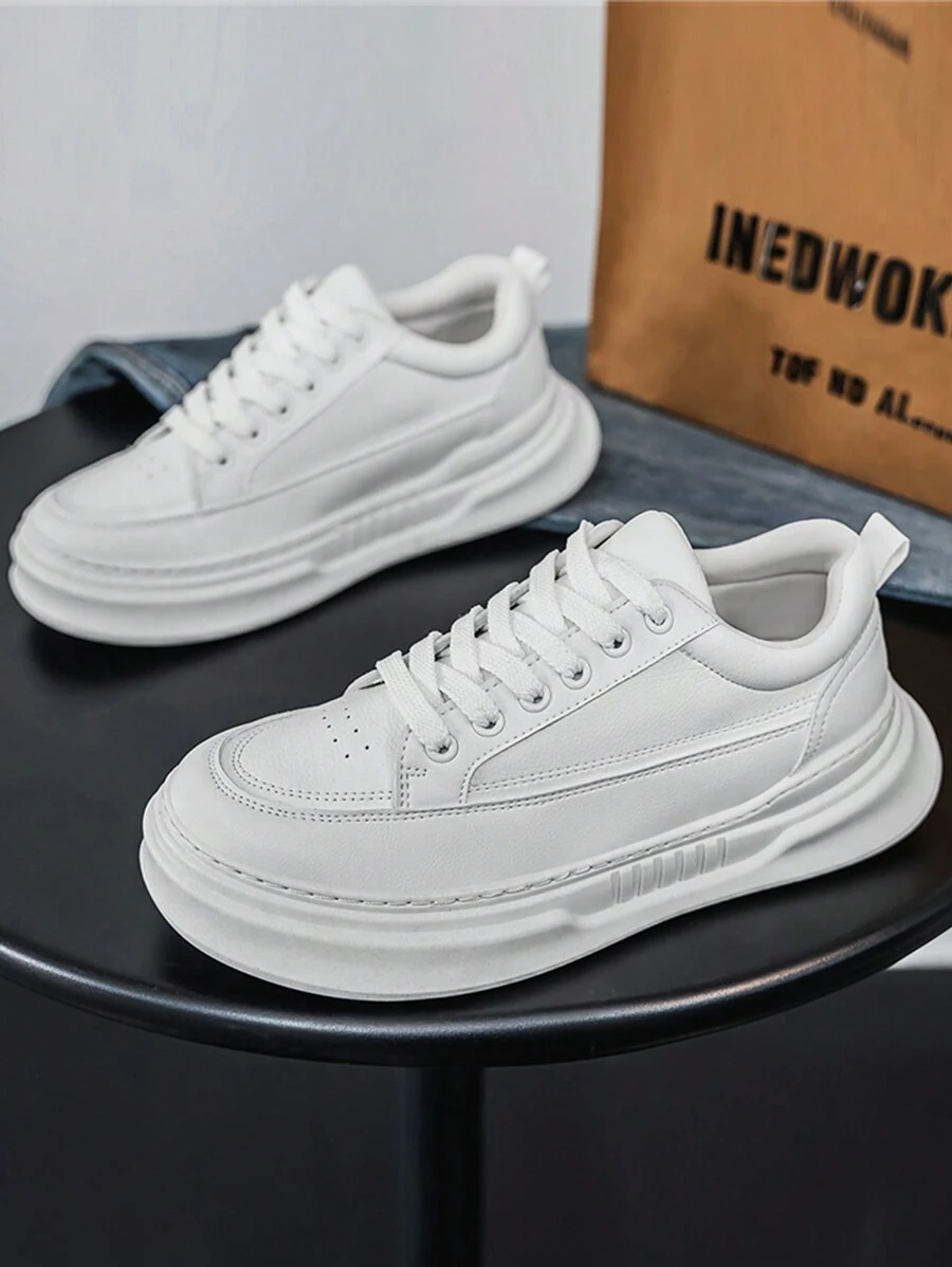 Heren zachte zool, zacht oppervlak, lichtgewicht en comfortabele casual sneakers, lente nieuwe mode, dikke zool antislip slijtvaste lage veterschoenen voor dagelijks woon-werkverkeer, eenvoudige stijl, comfortabele herenschoenen, jeugdcampusstijl, zwart-wit PU waterdichte oliebestendige heren schoenen met naadstiksels