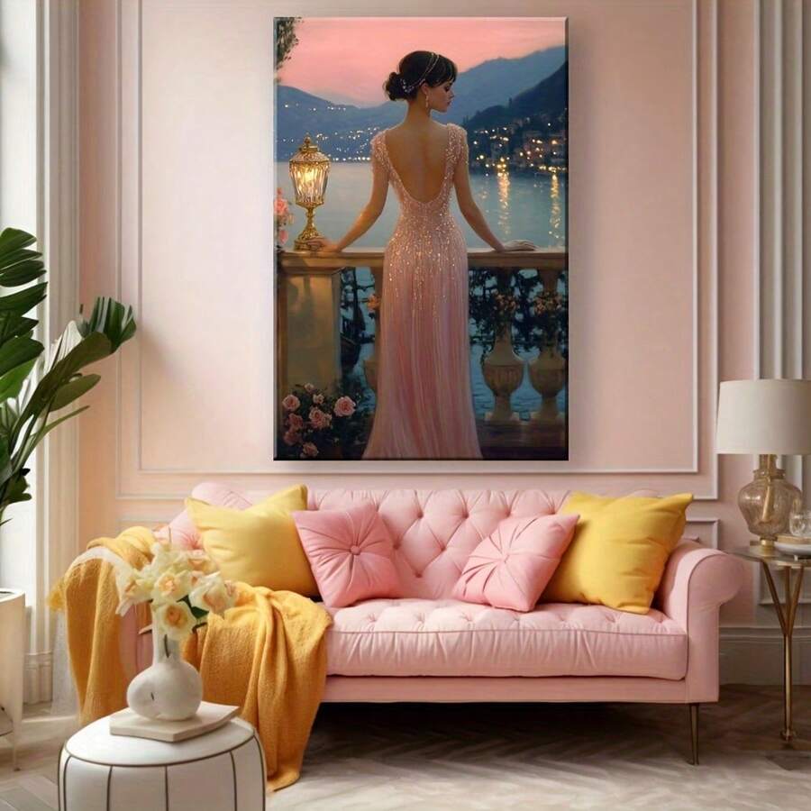1 Pc Pink Woman Romantic Valentine's Day Room DecorationWooden Framed Canvas Painting - Thickness 2.25cm/0.9inch,Home Gift Decoration, Room Decoration Aesthetic, Wall Decoration Art, Perfect Gift, Autumn And Winter Wall Decoration, Living Room Decoration, Bedroom Decoration, Kitchen Decoration, Entry Decoration, Bathroom Decoration, Direct Wall Painting, High Quality Wall Painting Poster
