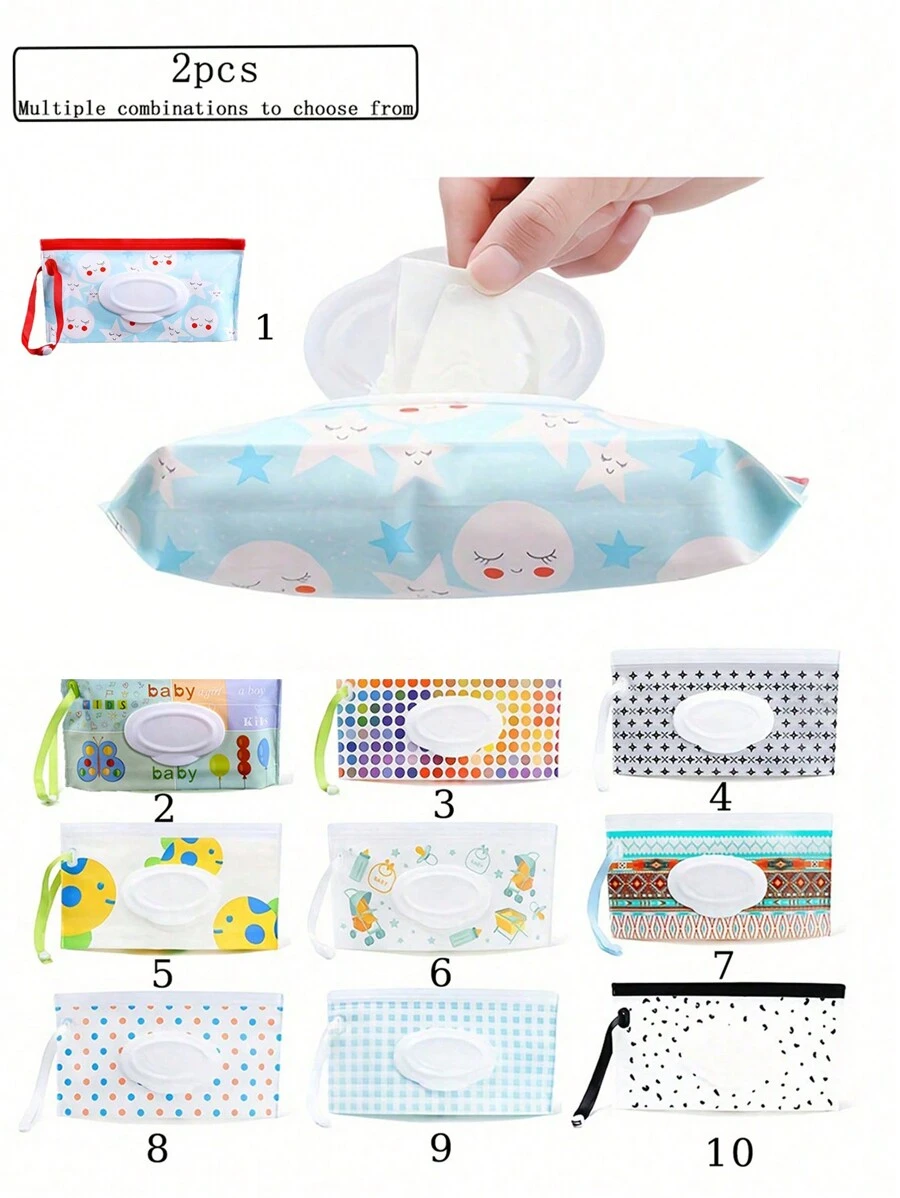 2 piezas Dispensador portátil de toallitas húmedas con tapa abatible, bolsa portátil reutilizable para toallitas húmedas, accesorio útil de cochecito para exteriores, portador de toallitas para viajes, apto para uso en exteriores, viajes y vida diaria (múltiples estilos para elegir)
