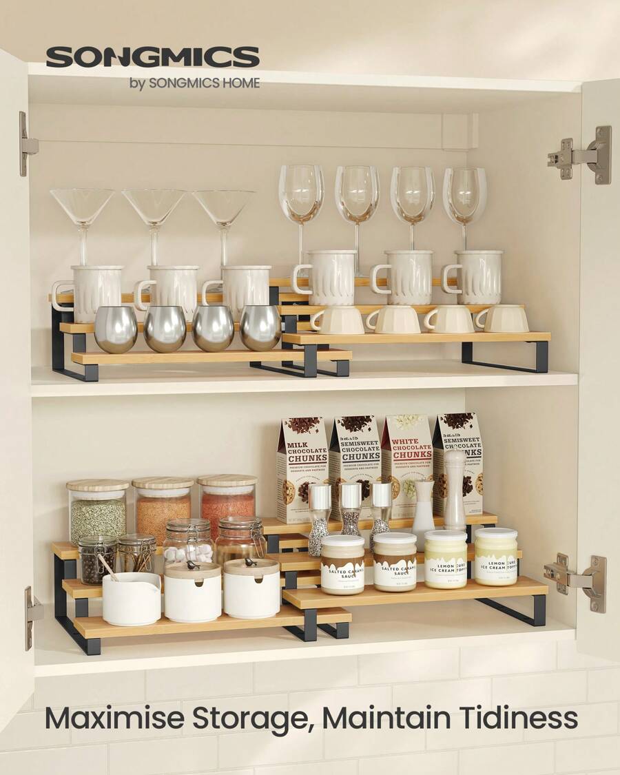 Spice Rack, Set Of 2 Cabinet Shelf Organisers, 3-Tier Extendable Spice Holder, Engineered Wood, Stackable, For Pantry, Cupboard, Countertop, Natural Beige And Ink Black