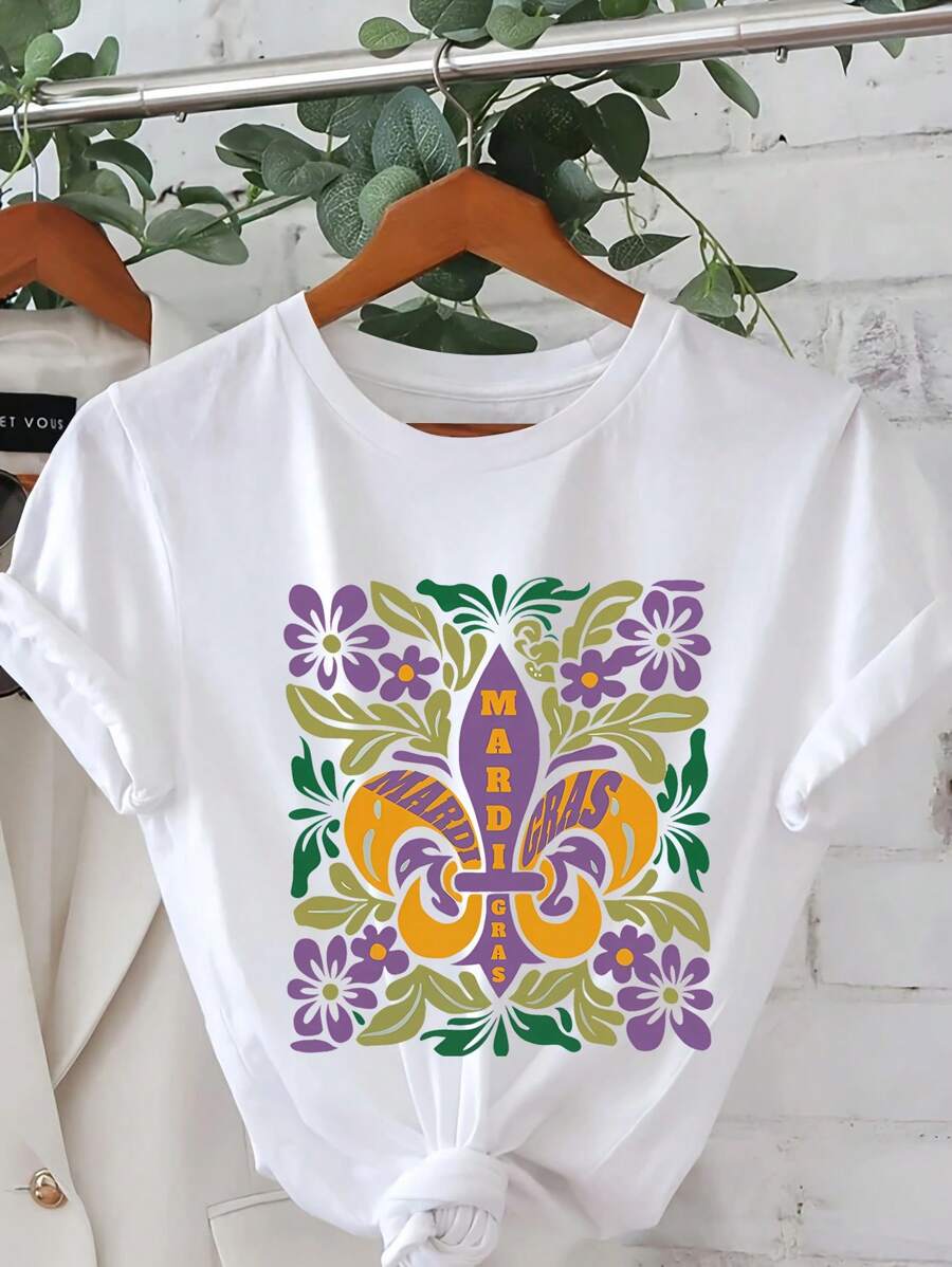 MARDI GRAS Cartoon Letter Graphic Print T Shirt, Short Sleeve Crew Neck Casual Top For Summer & Spring, Women's T-Shirt