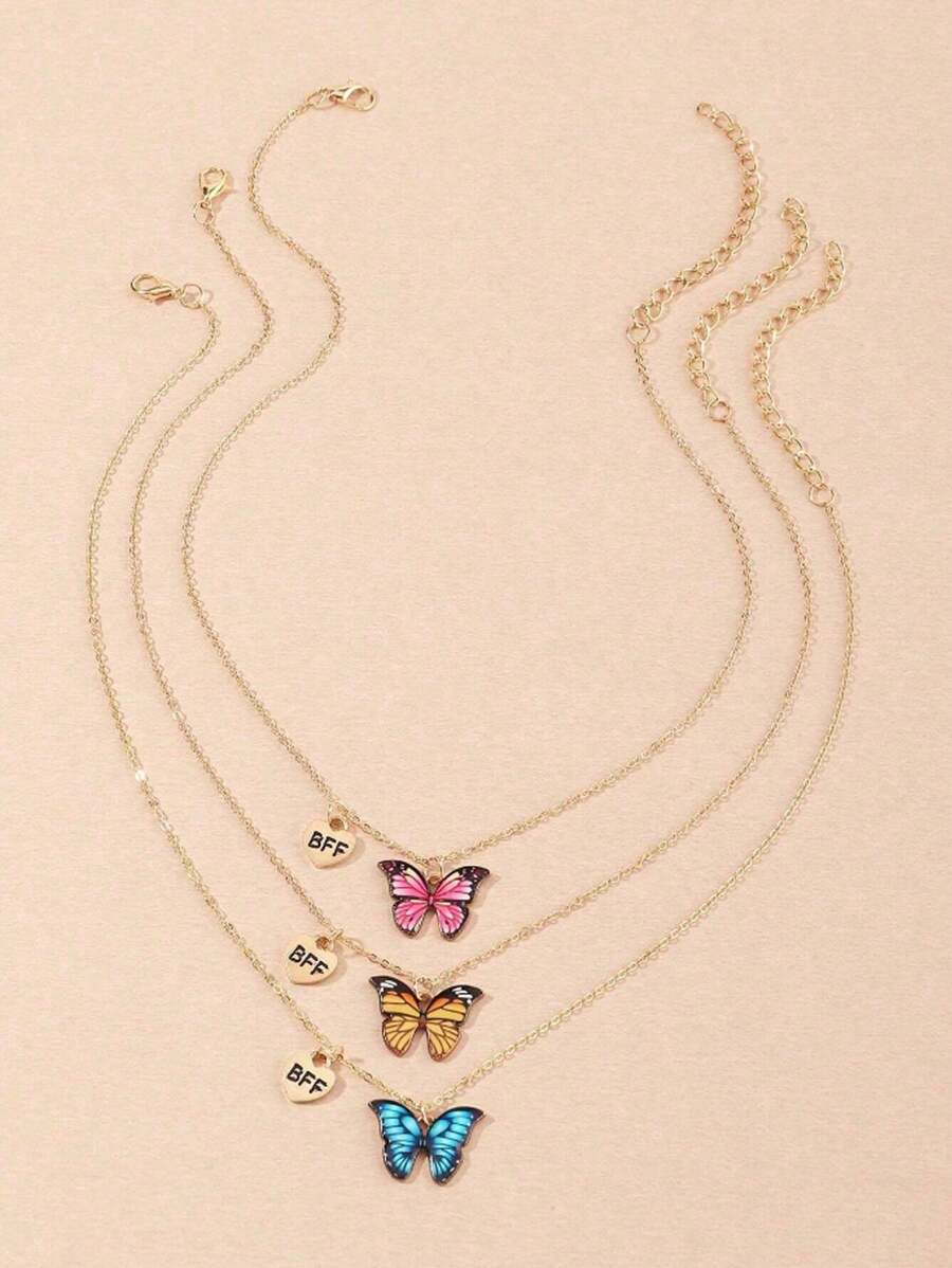 3pcs/Set Kids BFF Best Friend Series Colorful Butterfly Pendant Necklace Set, Suitable For Teenagers Boys Girls Daily Wear, Birthday/Holiday Gift