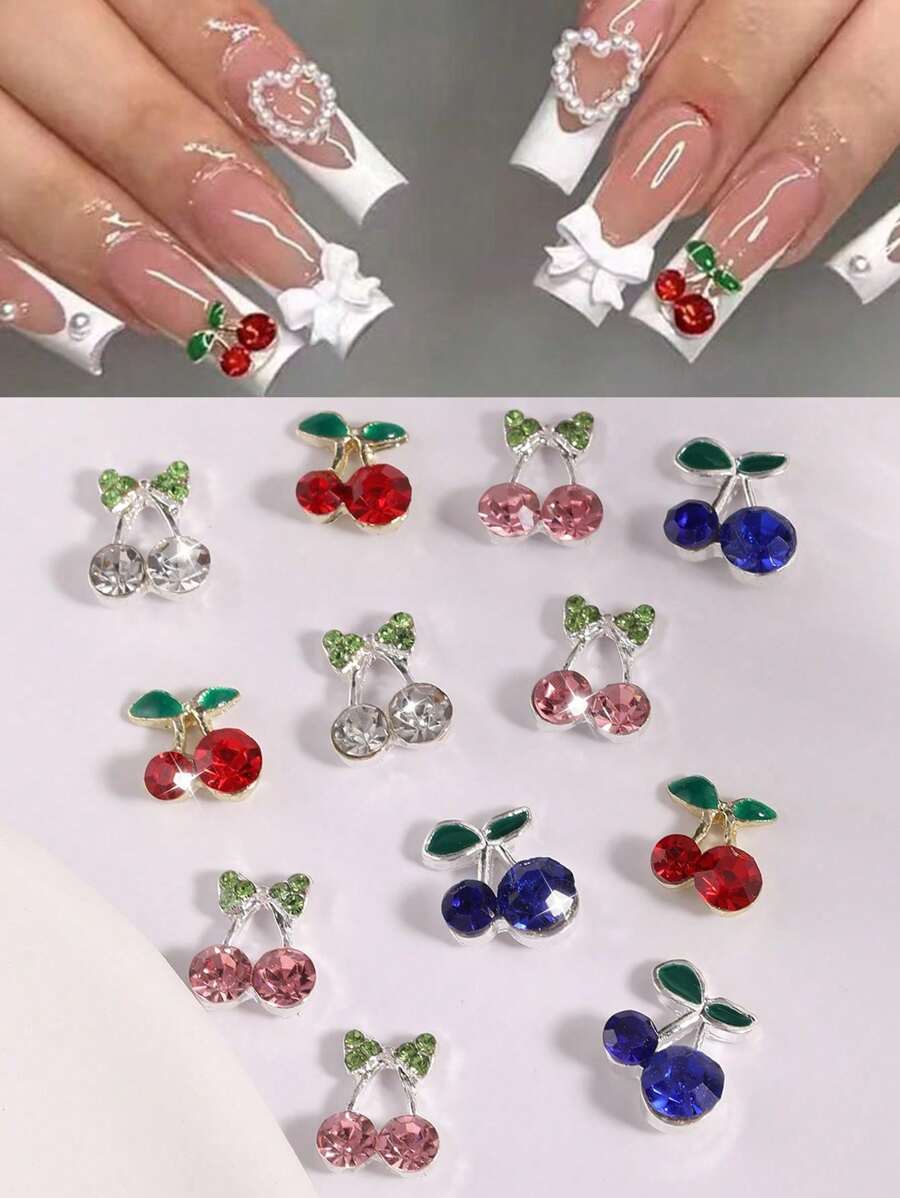 10pcs Green Leaf Cherry Nail Charms Metal Rhinestone Bowknot Nail Supplies Personalized Nail Art 3D Red And Blue Nail Gems Suitable For DIY Nail Salon And Personal Use