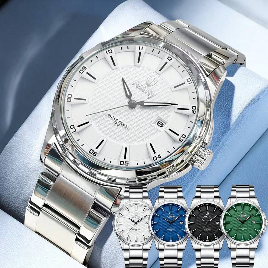 NARY 1pc Men's Watch Stainless Steel Luxury Large Dial Waterproof Date Sports Watch, Brand Original Luxury Waterproof Luminous Quartz Watch,New Style Male Clock 6151