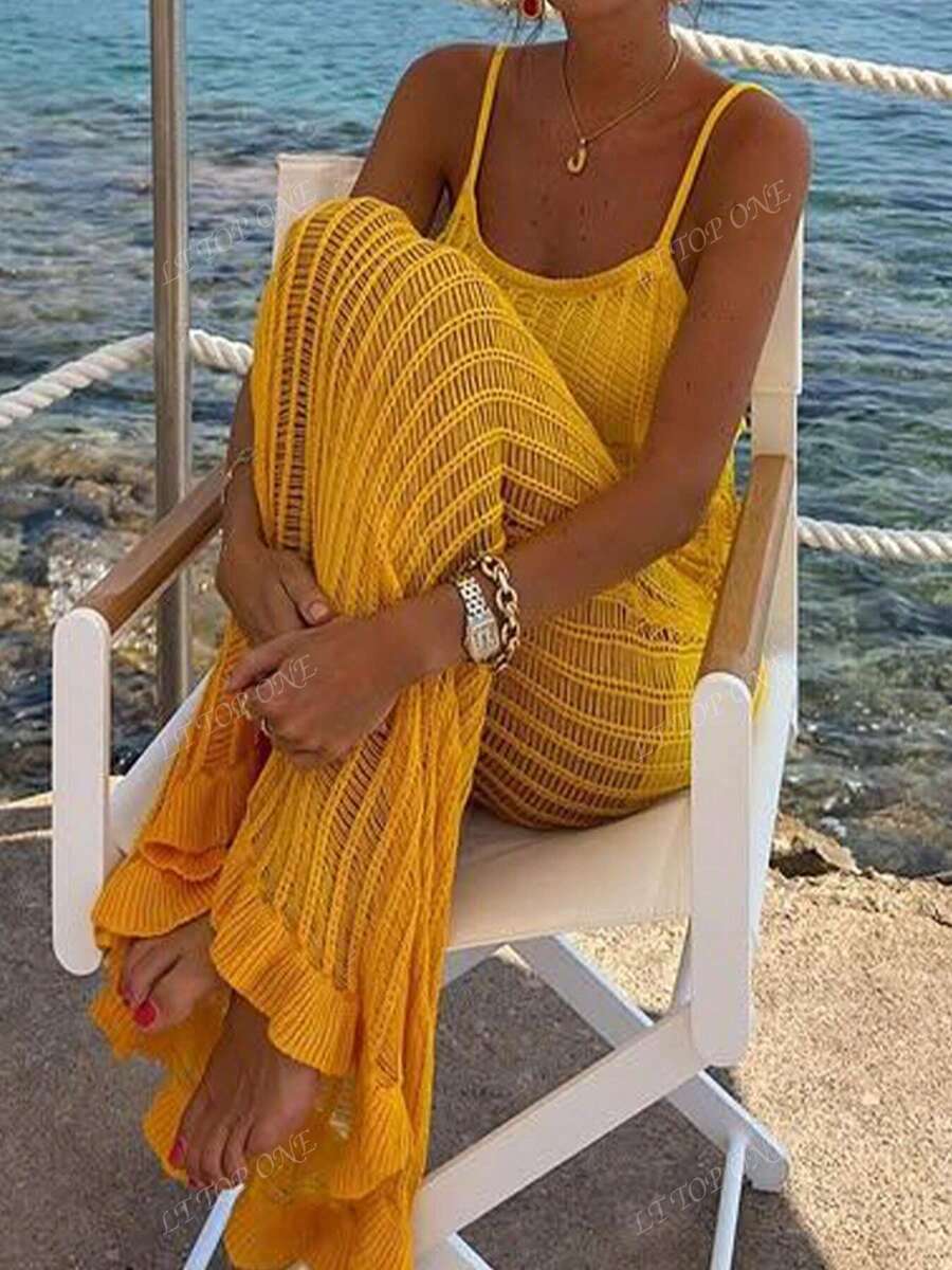 Vestito da donna casual da spiaggia per vacanze primavera ed estate, in tessuto a rete traforato lavorato a maglia, senza retro, senza biancheria intima