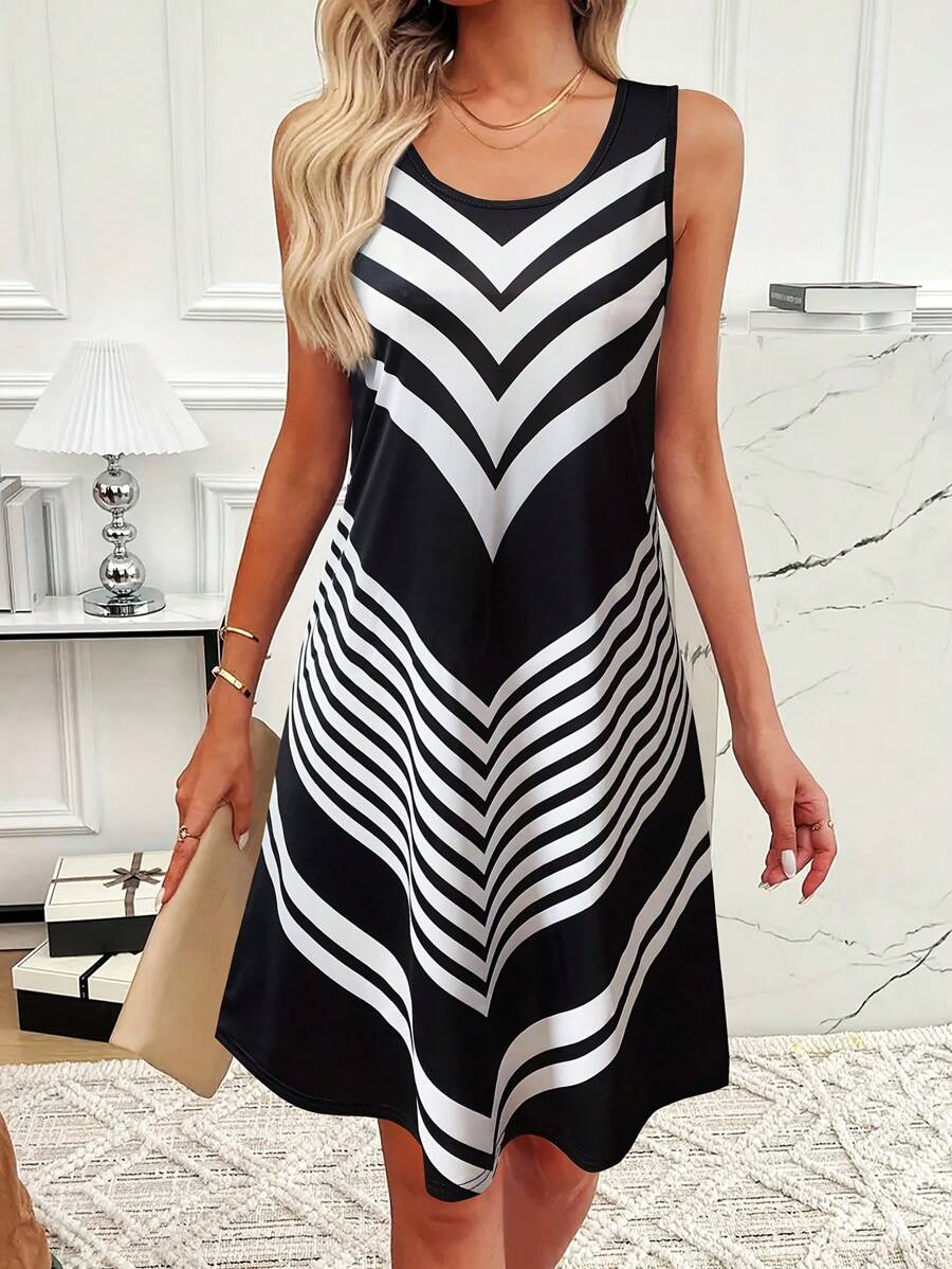 Vestido camisero para primavera/verano, atuendos de playa para mujer. Vestido mini con estampado todo sobre de mujer, sin mangas, cuello redondo, vestido casual de verano fluido para uso diario, vestido de tirantes para la playa y vacaciones, vestidos cortos relajados