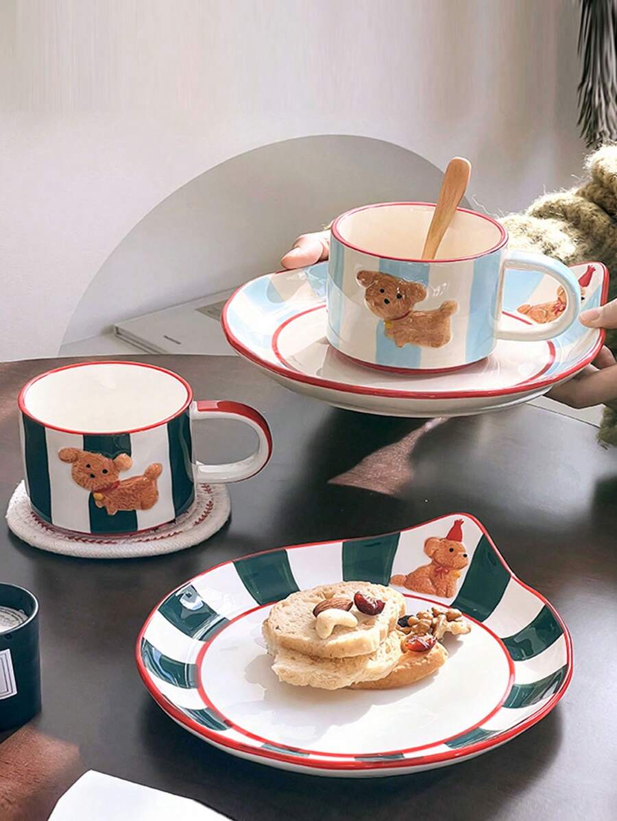 1pc Limited Edition Vintage Donkergroene Handgeschilderde Relief Bell Puppy Mok, Koffie/Thee Kopje & Ontbijtbord Cadeau