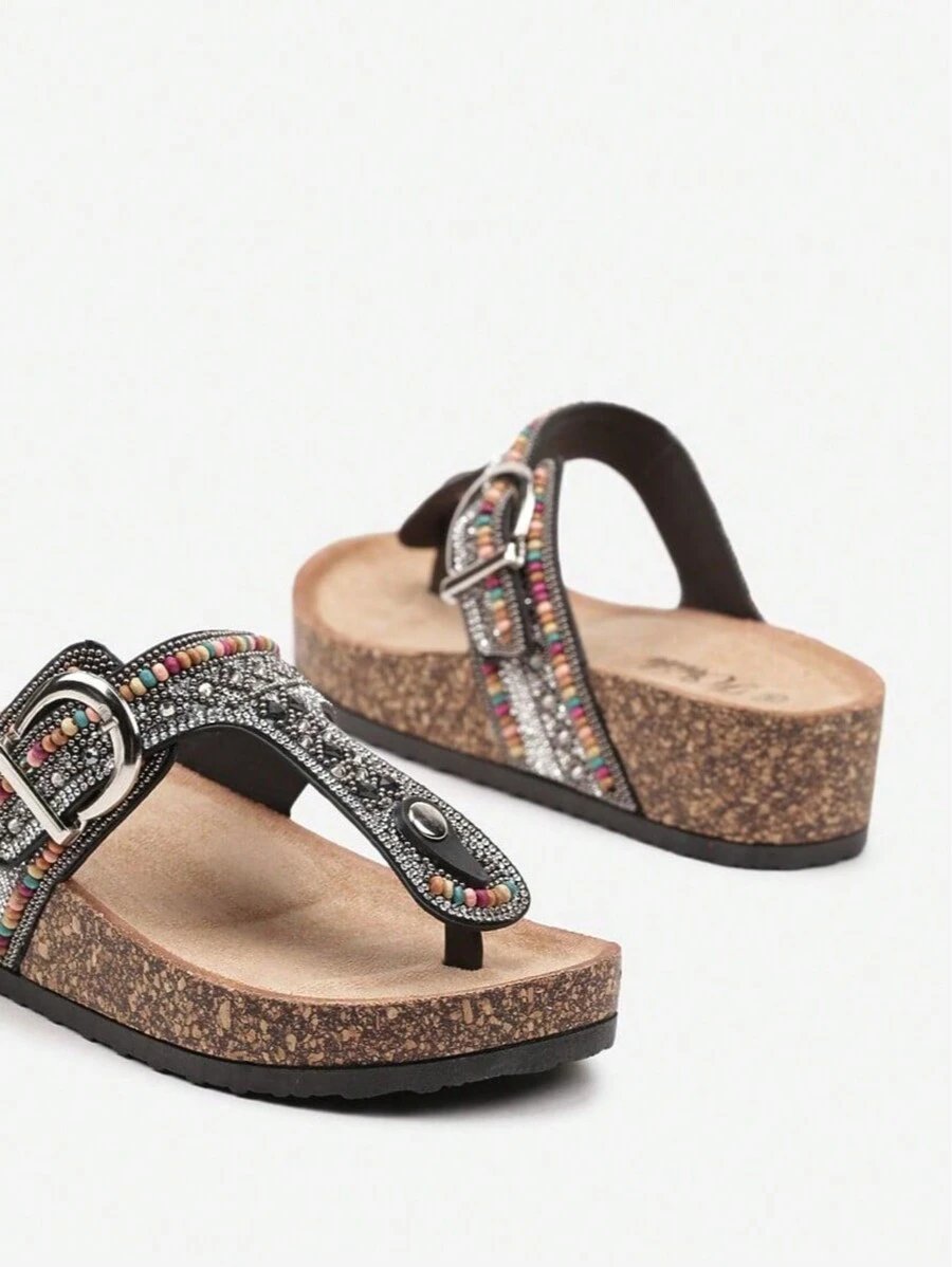 Femmes Sandales plates minimalistes élégantes avec décoration de strass, sandales d'été pour port quotidien casual
