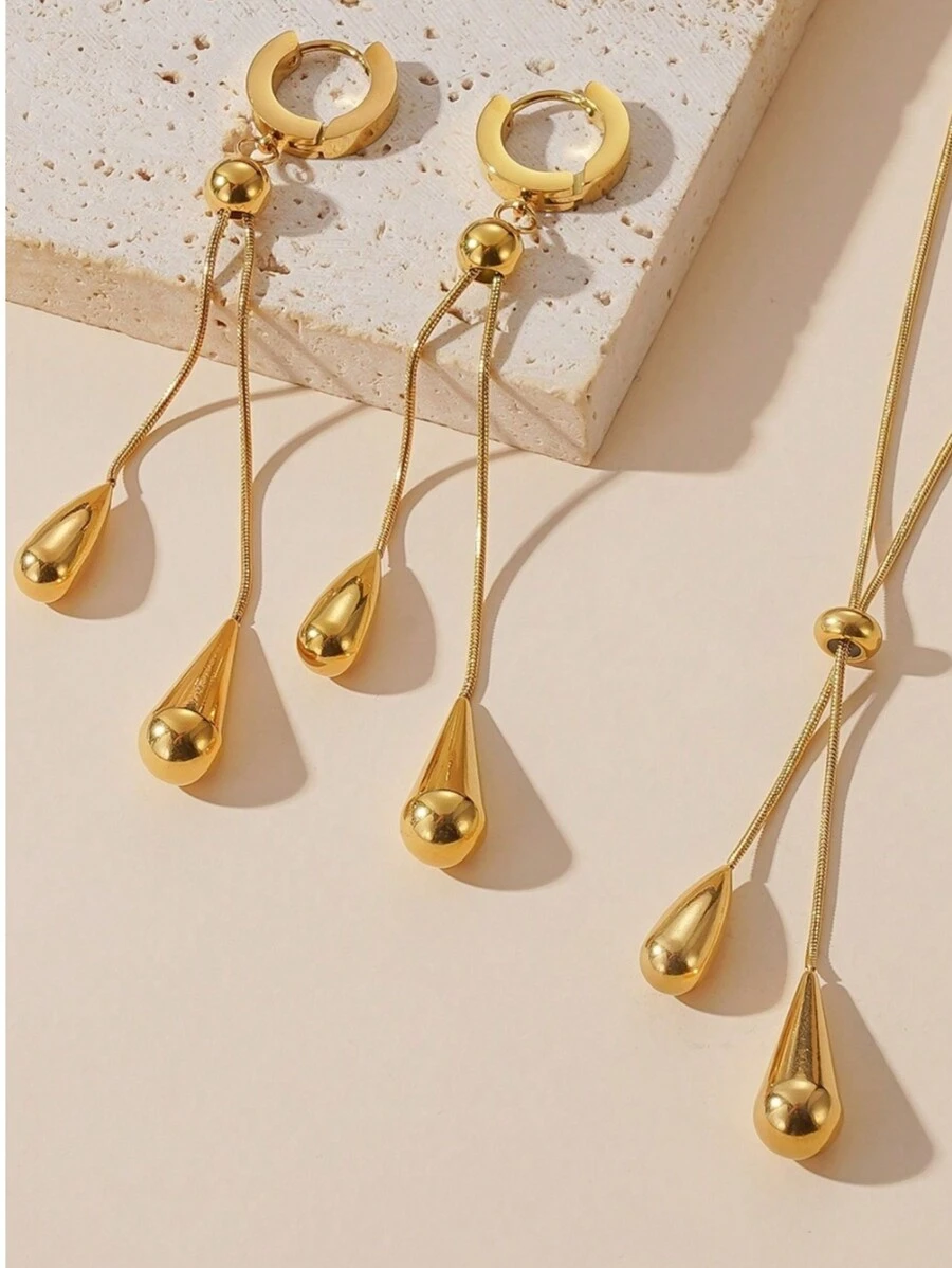 1 Set Stainless Steel 18K Plated Smooth Water Drop Pendant Jewelry Set, Fashion & Versatile, Suitable For Party, Date, Work, Holidays