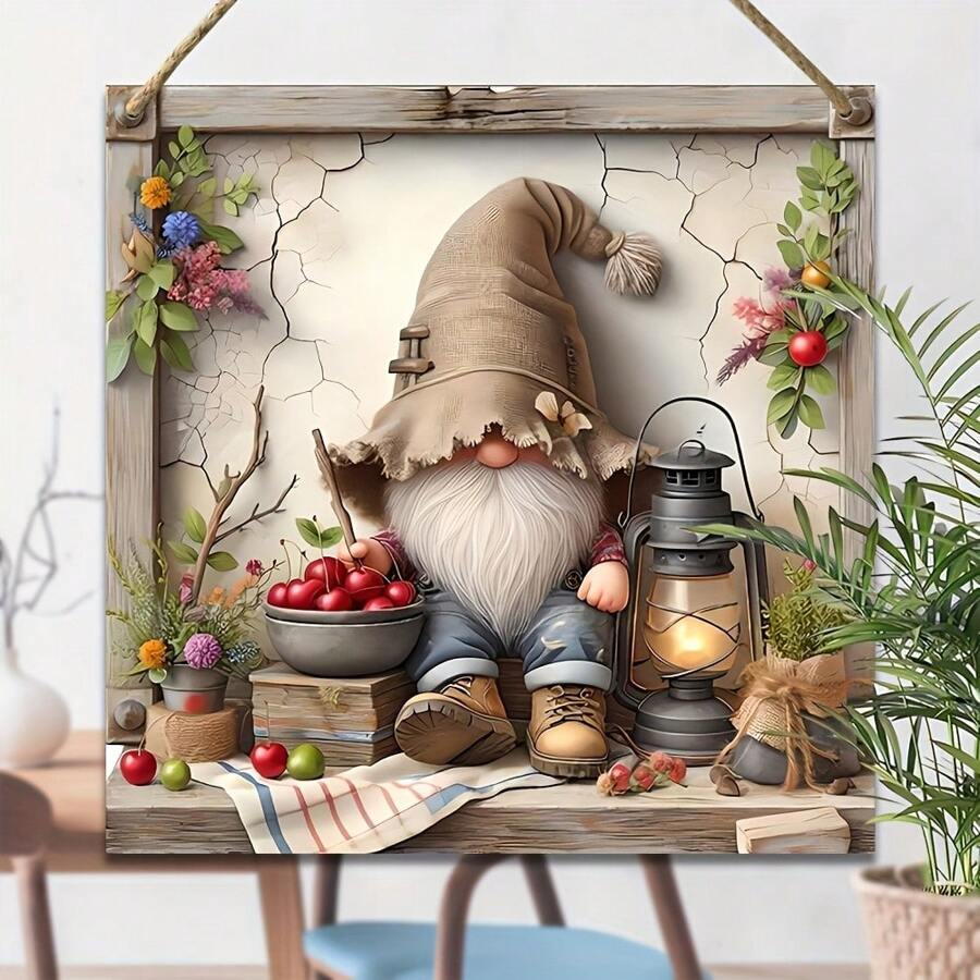 Arte de Parede de Jardim Country Gnome, Placas de Madeira 2D de Flores da Primavera, Decoração de Quintal Interno/Externo em Estilo Clássico, Decoração Doméstica Multifuncional Estilo Fazenda, Guirlanda Redonda/Quadrada Temática Sazonal, Decorações Penduradas na Parede e Porta Tema de Gnomo Vintage, Decorações de Jardim Decoração de Casamento Decoração Doméstica