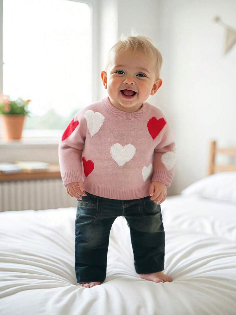 Kids Girls Pullover Sweater Casual Heart Pattern Warm Knitted Long Sleeves Infant Knitwear For Toddler