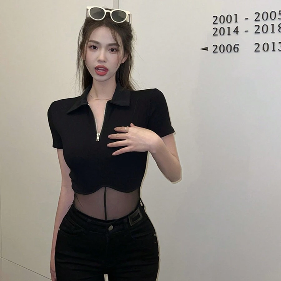 Women Short Sleeve Bodysuits Solid Color Mesh See-Through Turn-Down Collar Zipper-Up Night Club Skinny Rompers