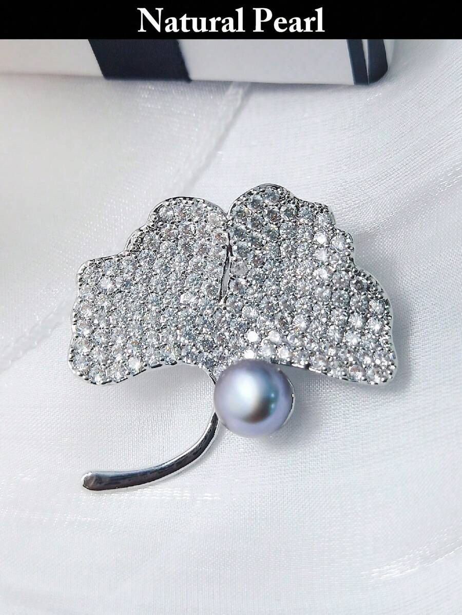 1pc Natural Cultured Freshwater Pearl Brooch, Angel Wings & Ginkgo Leaf Flower Scarf Clip, Elegant Lady Western Jewelry Accessory, Beach, Pride, Birthday, Graduation Gift