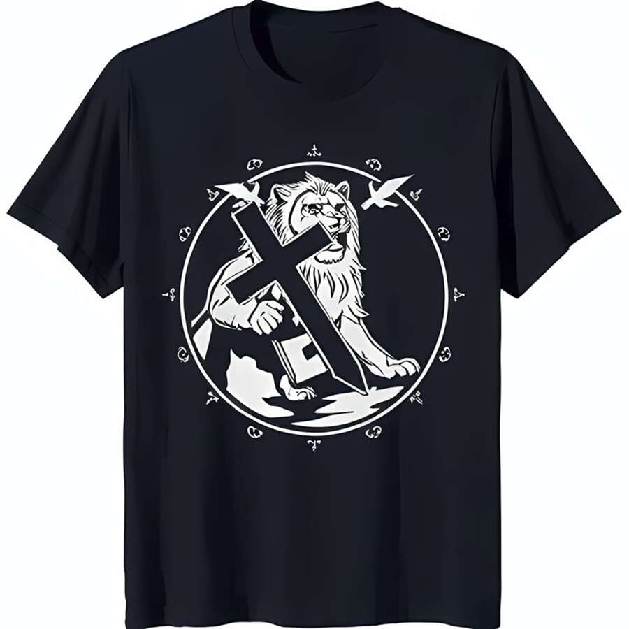 Bold Black T Shirt With Majestic Lion And Graphic Faith Courage Design