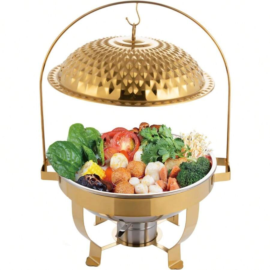 HOHOBLA 6.3QT/6L Chafing Dish Buffet Set, Gold Round Chafing Dishes Gold Hanging Lid Dining Stove Stainless Steel Round Buffet Chafer Freestanding Stainless Steel Chafers &Buffet Warmers Sets