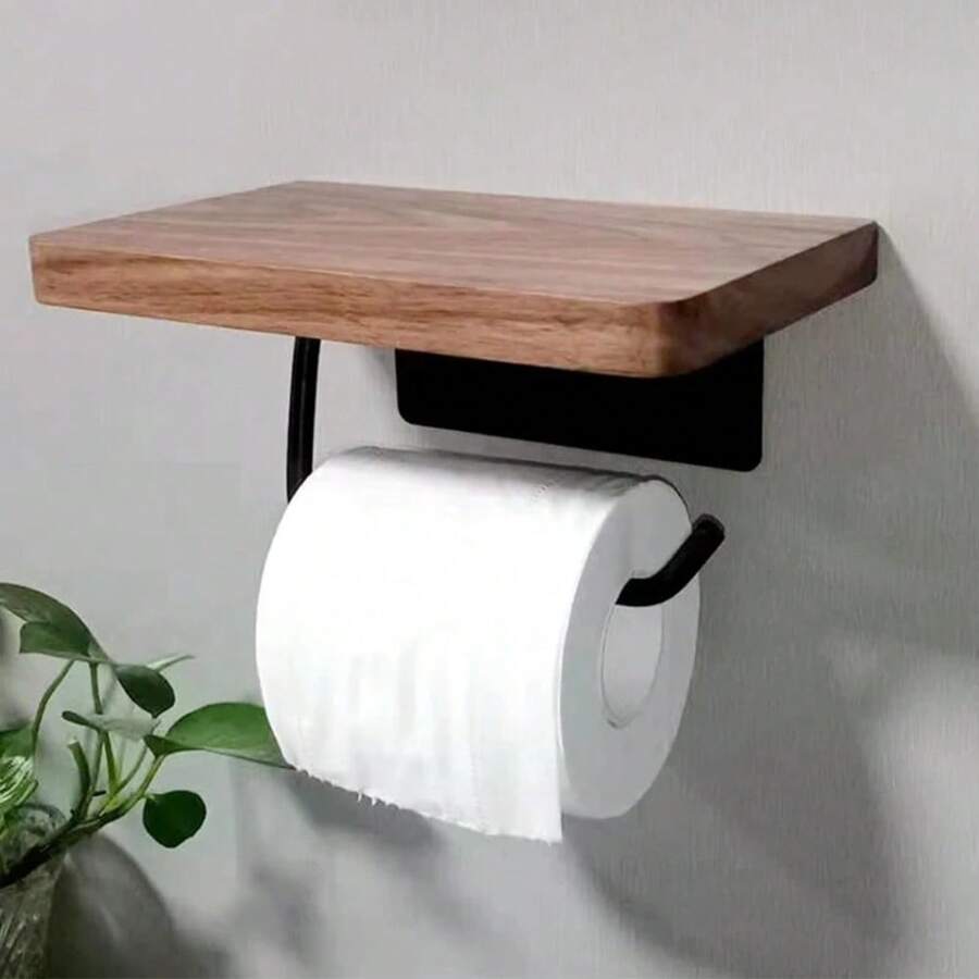 1pc Toilet Paper Holder With Natural Walnut Wooden Shelf Tissue Roll Hanger Wall Mounted Paper Towel Bar 304 Stainless Steel Paper