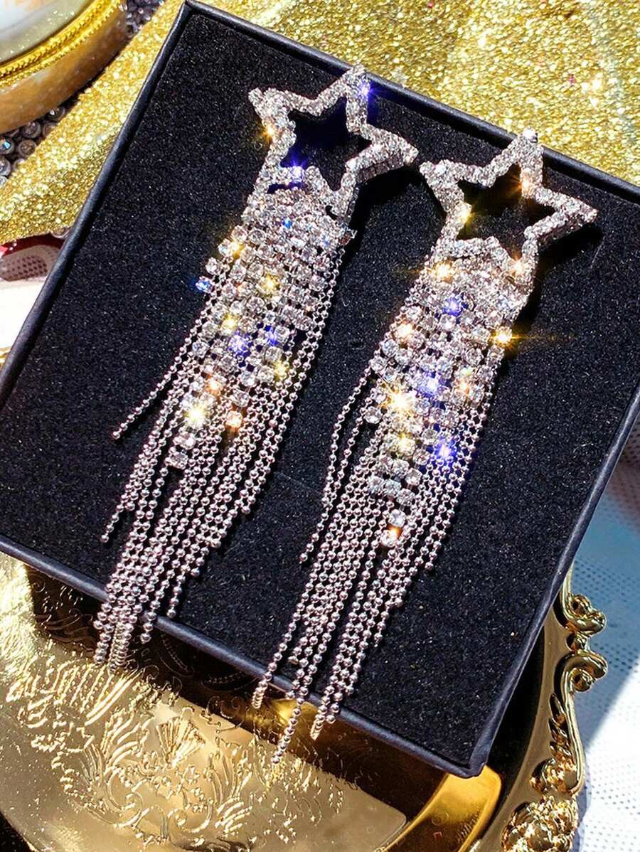 1pair Vintage Gemstone Elegant Sparkling Silver Color Crystal Tassel Earrings For Women Geometric Hanging Drop Party Wedding Jewelry