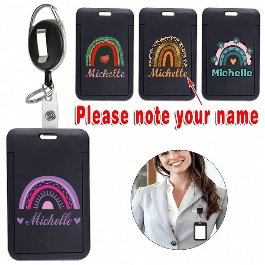 Customized Name Retractable ID Badge Holder Keychain Clip Name Tag Protector For Employee Card Cover Security Accessories Business Suitable Custom Name For Office Use Professional Design For Identification Personalized DIY