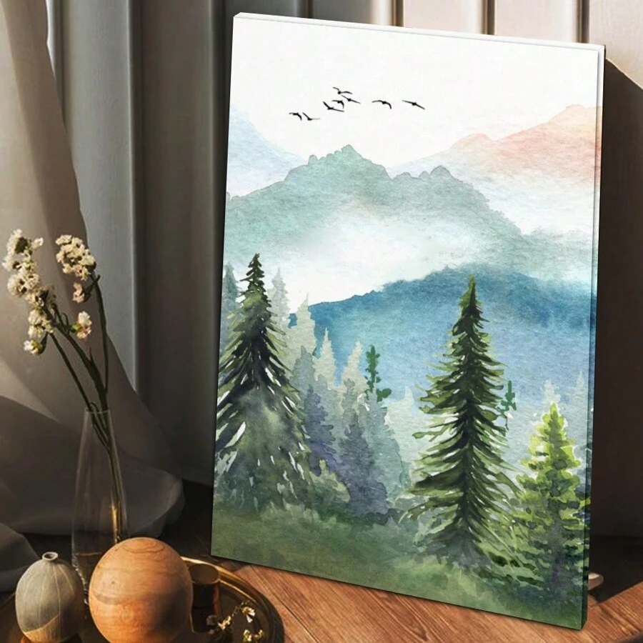 1 Pc Framed Watercolor Green Forest Tree Mountain Range Nature Wall Art Canvas Poster Painting Wall Decor For Bedroom Living Room
