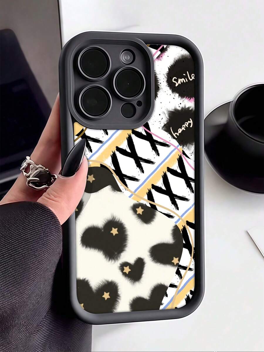 1pc Black Cow Print Pattern TPU Shockproof Phone Case Compatible With Iphone 16 15 14 13 12 11 Pro Max, Series