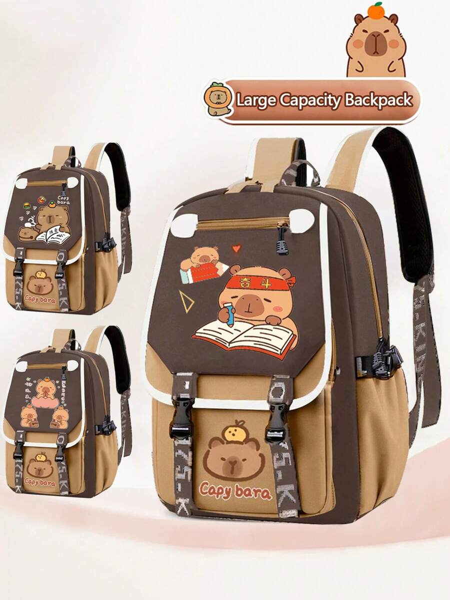 1 stuk schattige schooltassen met capibara-patroon en kleurcontrast voor S. Grote, levendige studententas met meerdere zakken. Modieuze schooltas. Praktische handtas. Gepersonaliseerde cartoonrugzak, lichtgewicht schoolrugzak. Draagbare rugzak met meerdere compartimenten (de kleur van de schouderband is willekeurig)