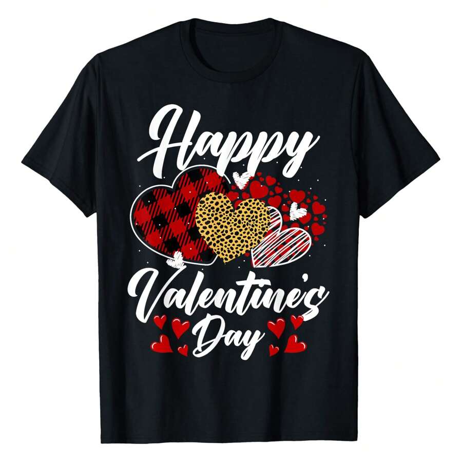 Happy Valentine's Day Hearts With Leopard Plaid Valentine T-Shirt Women's Short Sleeve Sports T-Shirt