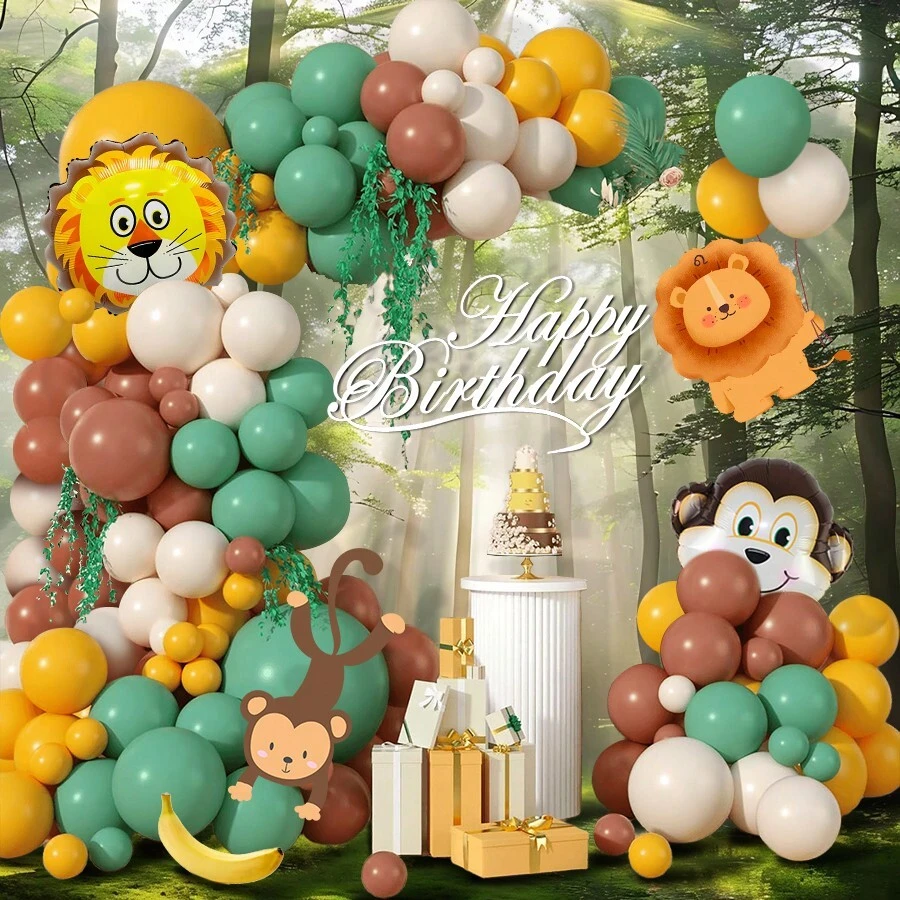 126pcs Forest Animal Theme Party Balloon Wreath Kit, Green Balloons With Lion Head, Monkey Head Foil Balloons, Suitable For Birthday, Spring Outing, Zoo Opening Ceremony, Outdoor Hunting Event Party Decoration