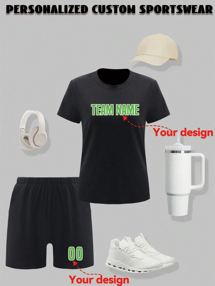 2 Stücke personalisierte Freund-Stil Sportswear mit Name und Nummer für Frauen, personalisiertes Kurzarm-Top und Shorts Set, für Sportarten wie Badminton, Tischtennis, Tennis, Volleyball, Golf, Baseball, Teamuniformen, lässige Outdoor-Trainingsoutfits