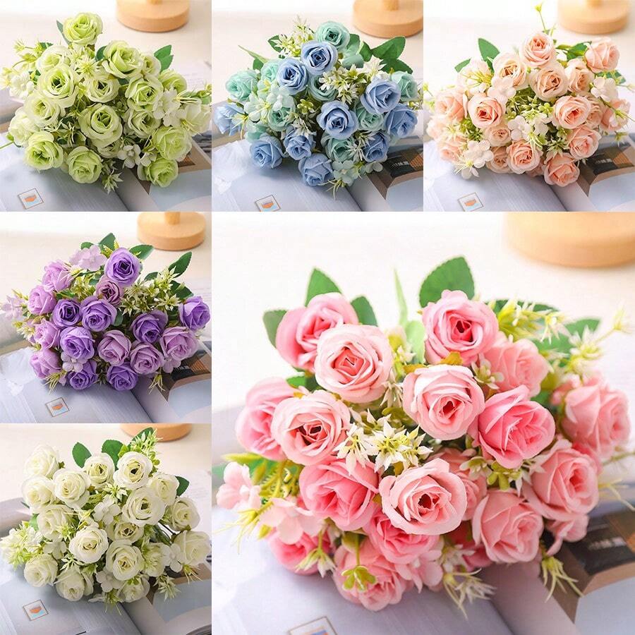 2pcs 5-Branches 14-Flowers, Simulated Rose Fragrant Concubine Rose Artificial Bouquet Home Decoration Bouquet Ornament Wedding Decoration Bouquet Bridal Handheld Flower Restaurant Desktop Decoration Bouquet Vase Flower Arrangement DIY Bouquet Photography Props Fake Bouquet
