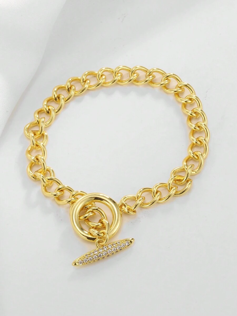 Charm-In 1 pieza Elegante pulsera de eslabón cubano para mujer, joyería de latón chapada en oro con circonita cúbica, adecuada para fiestas y bodas, regalo para la madre, Día de San Valentín