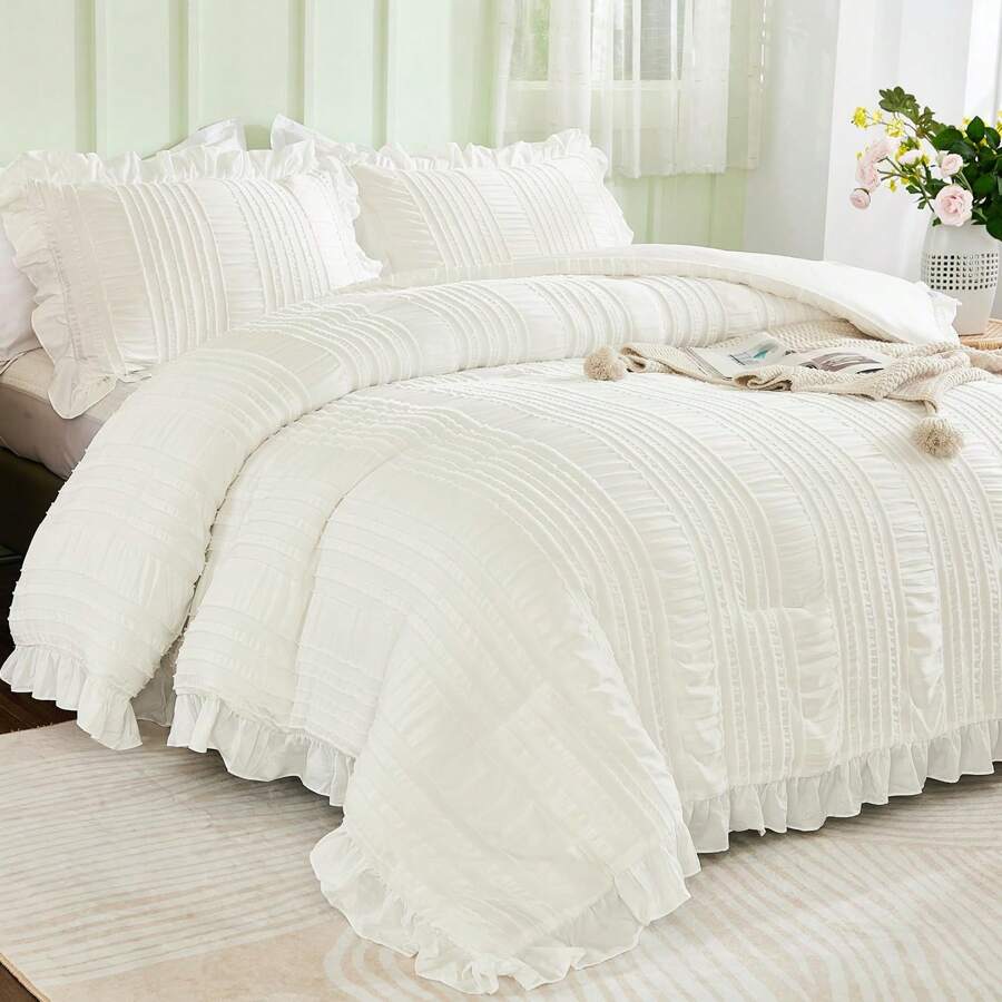 3 Pieces Beige Textured Comforter Set Queen King,Ruffle Farmhouse Shabby Chic Comforter For Queen Bed,Soft Seersucker Boho Bedding Set With 1 Ruffle Comforter,2 Tufted Pillowcases