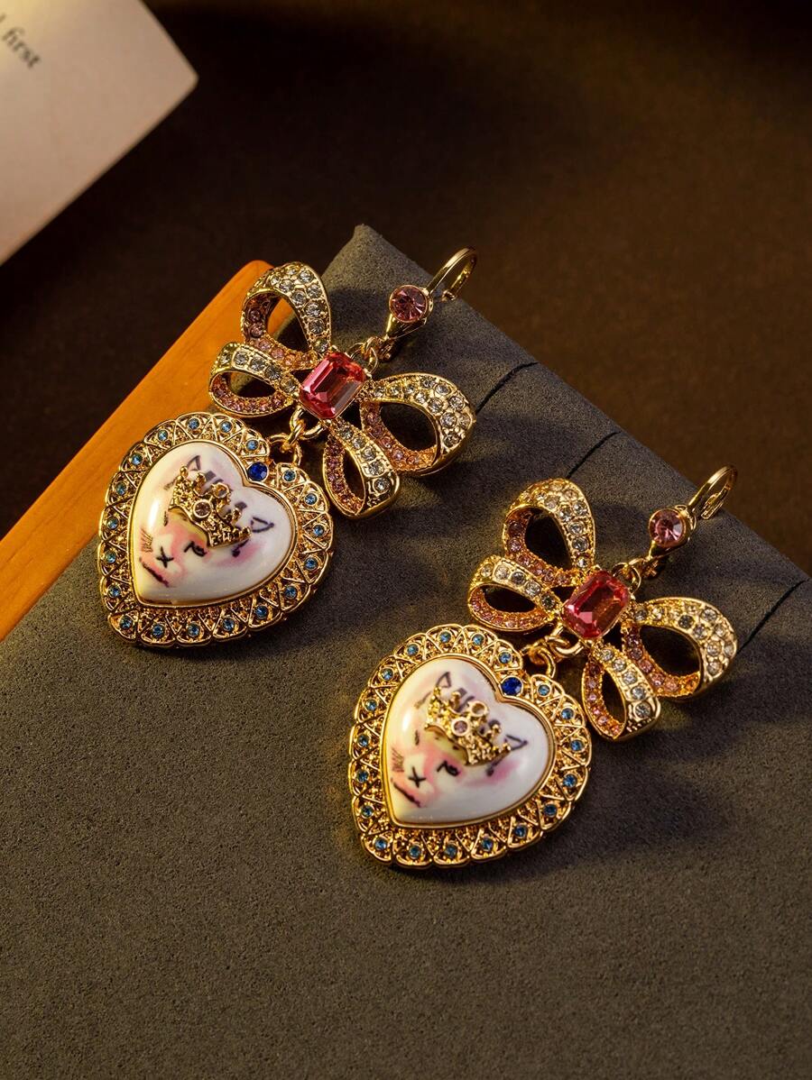 A Pair Of Vintage Pink Heart-Shaped Cat Inlaid Earrings, Sweet And Suitable For Women To Wear Daily, Valentine's Day Gift.,Mom,Mother,Mother's Day,Gift