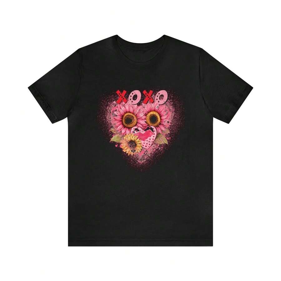 Valentine's T-Shirt- Distressed Look-XOXO- Beautiful Sunflowers And Hearts Print