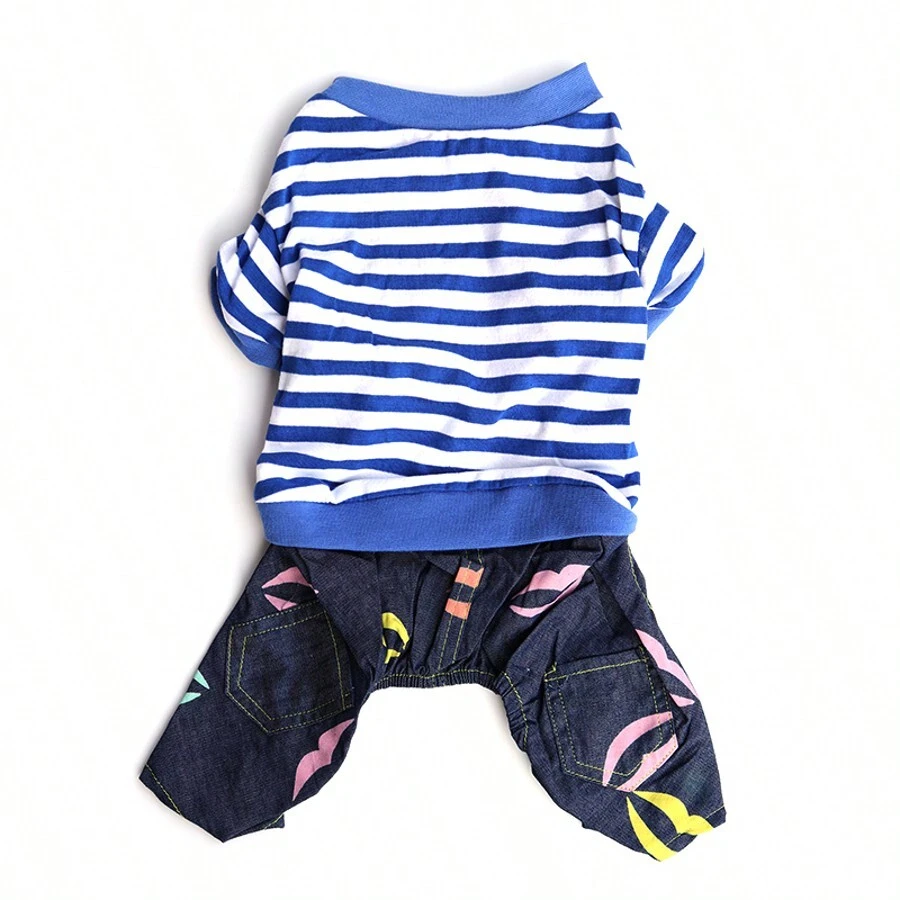 Fashionable Spring/Autumn Multi-Color Striped Pet Dog 4-Leg Casual Denim Jumpsuit