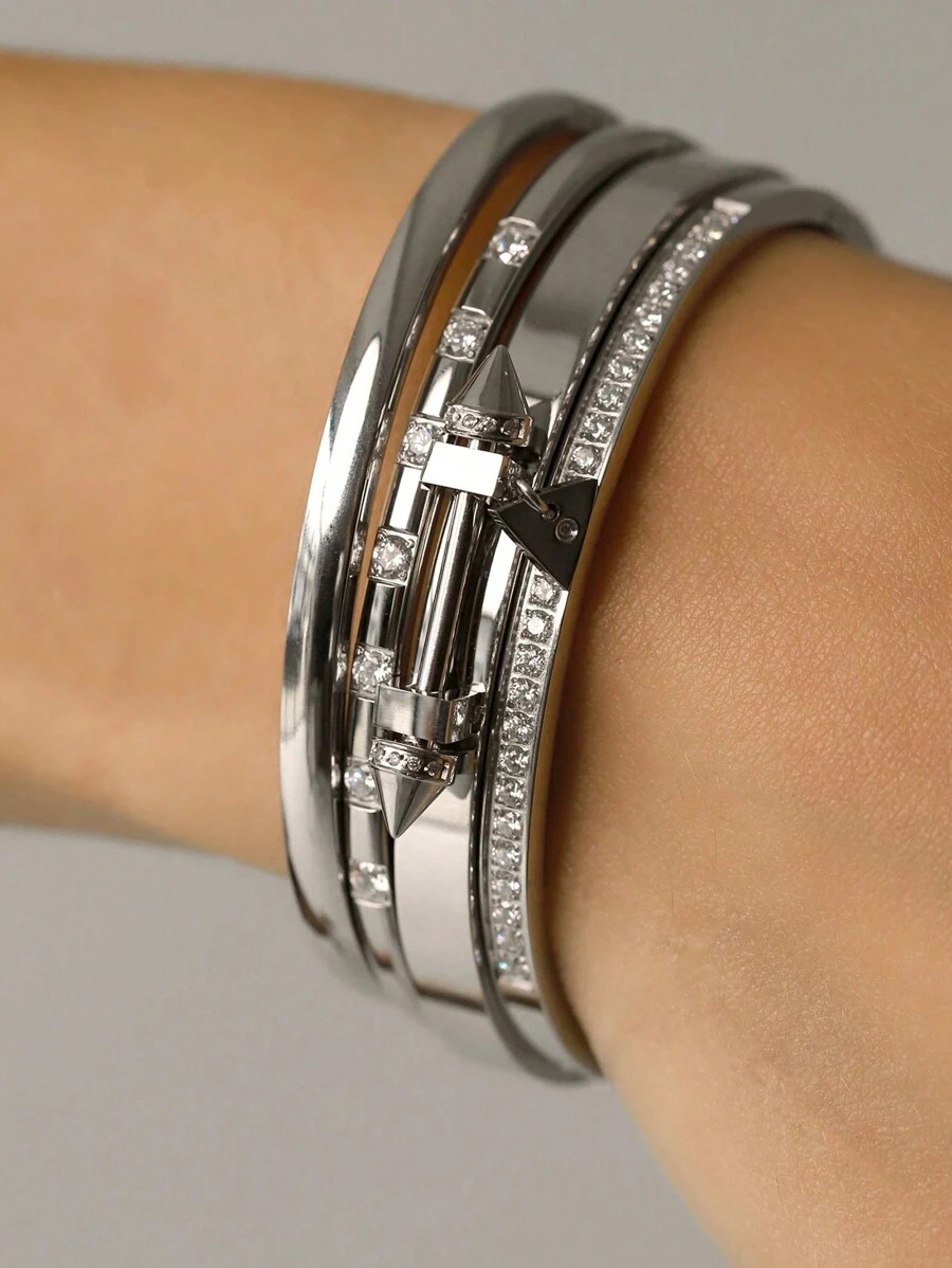 3pcs Silver Punk Hiphop Exaggerated Spike Stainless Steel Bangle Bracelet Set, Inlaid Artificial Zirconia Crystals, Suitable For Women Daily Wear, Gift