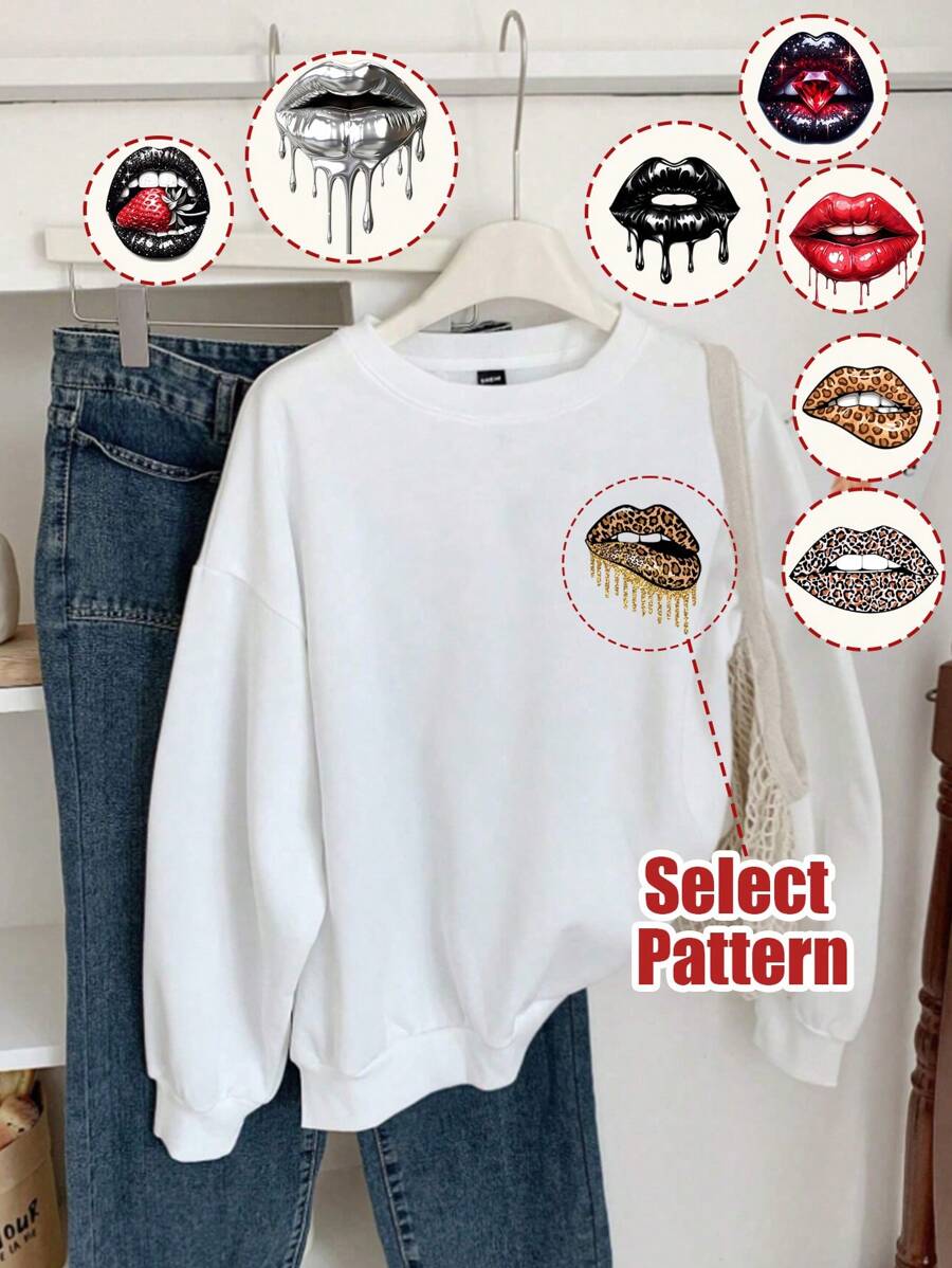 Custom Personalized Gifts, Custom Women's Crew Neck Sweatshirt - Choose Your Favorite Lips Pattern And Design Your Own Personalized Printed Pullover Sweatshirt As Gifts For Girlfriends