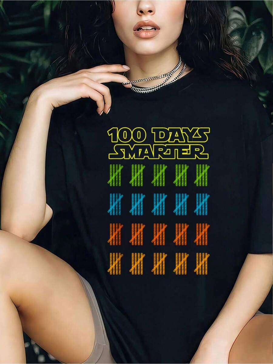 100 Dys Smarter 100th Day Of School Cute Students Boys Girls T-Shirt.Women's Casual Short Sleeve Crew Neck T-Shirt For Spring & Summer - Comfortable, Relaxed Fit, Printed Graphic Tee For Sport Lovers