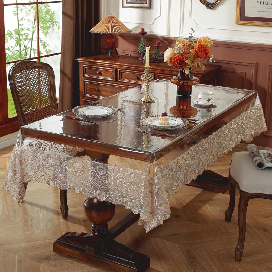 Waterproof Luxury European Style Embroidered Lace Edge Tablecloth - 1pc PVC And Lace Blend Rectangle, Oil-Resistant, Festive Party Celebration, Simple And Fashionable Romantic Countertop Decor For Living Room, Kitchen, Bedroom, And Hotel