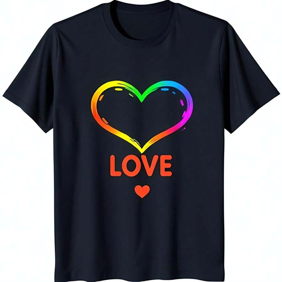 Stylish Black T Shirt With Colorful Rainbow Heart Graphic LOVE Text