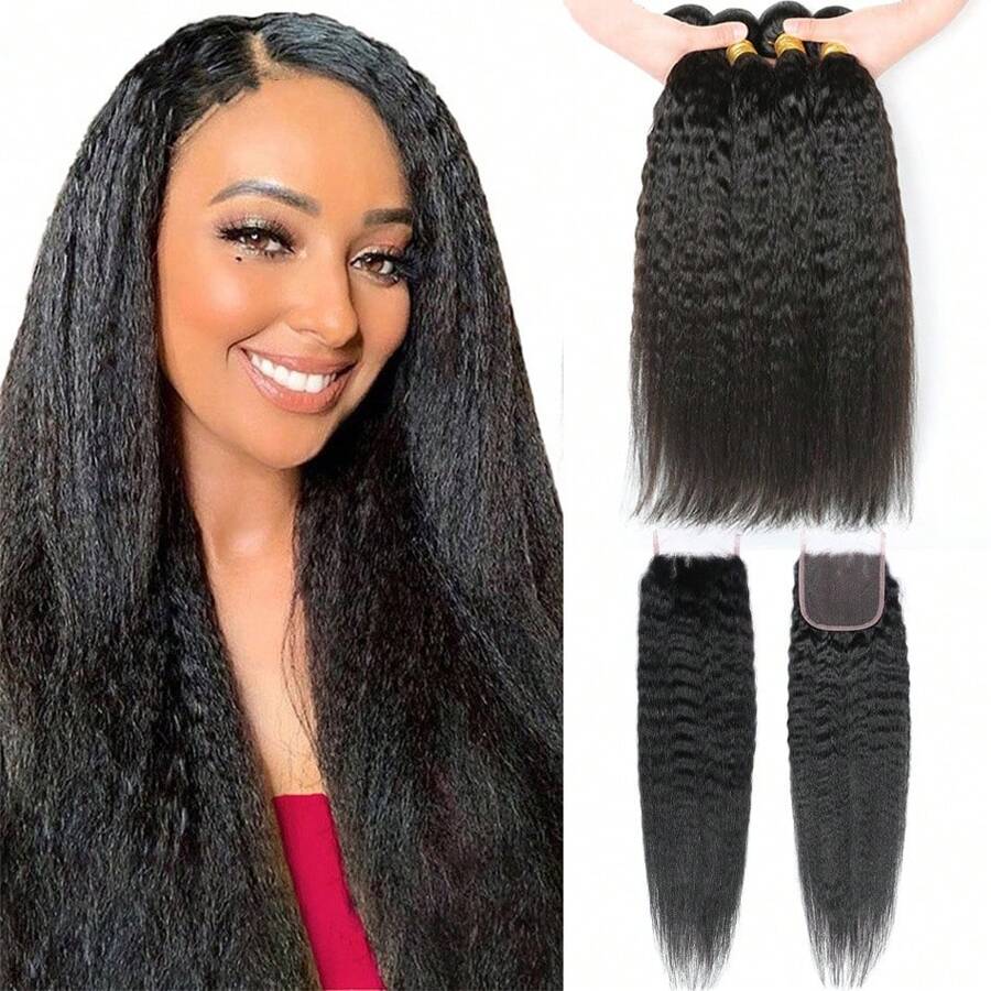 Kinky Straight Human Hair 3 Bundles With 5x5 Closure Yaki Straight Human Hair Weave Bundles Brazilian Human Hair Bundles In Hair Extensions Natural Black