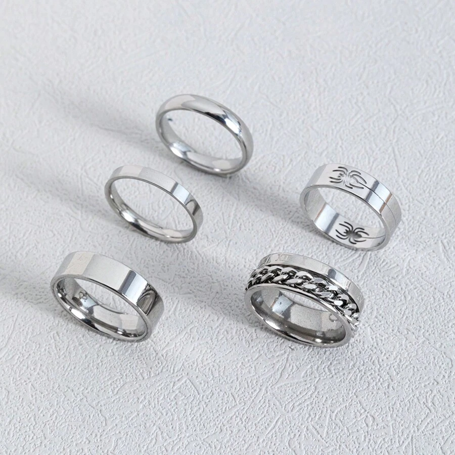 5pcs/Set Minimalist Stainless Steel Spider Roman Numerals Chains Decorative Ring Set Suitable For Man Daily Use And Fashionable Jewelry Gifts Summer Vacation Jewelry