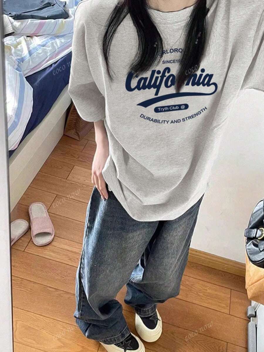 Women's Casual Loose Letter Print Short Sleeve T-Shirt, Light Grey, Summer